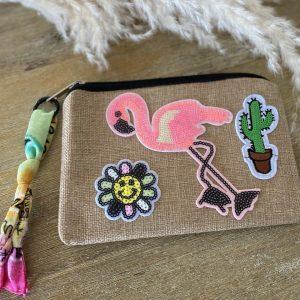 Pochette jute et bandana - Patchs sequins Flamant rose
