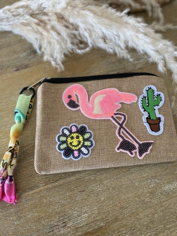 Pochette jute et bandana - Patchs sequins Flamant rose