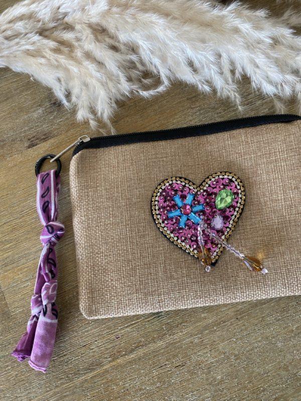 Pochette jute et bandana - Coeur strass