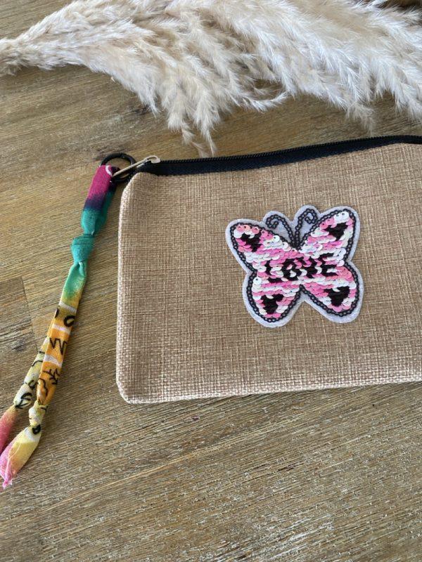 Pochette jute et bandana - Papillon fuchsia