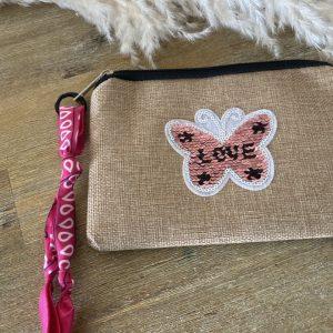 Pochette jute et bandana - Papillon rose
