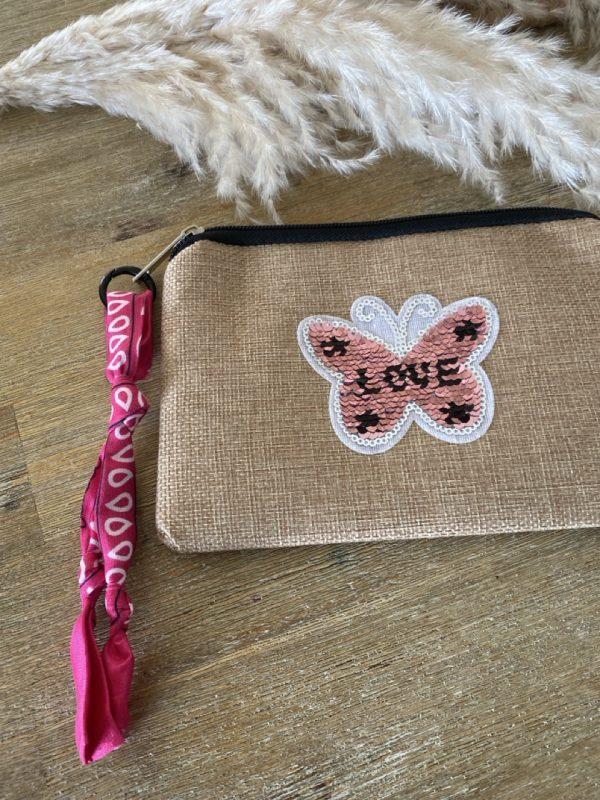 Pochette jute et bandana - Papillon rose