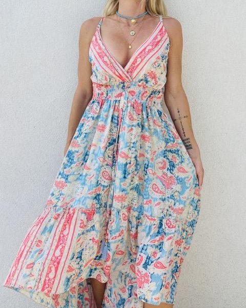 Robe en soie style bohème - Rose
