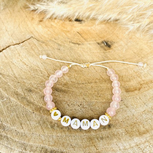 Bracelet Pierres Quartz Rose 'Maman' - coulissant