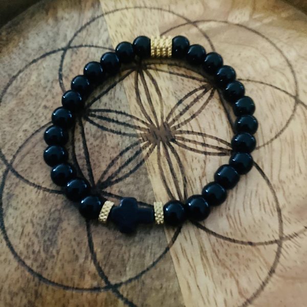 Bracelet Pierres Obsidienne 'Petite Croix' - élastique