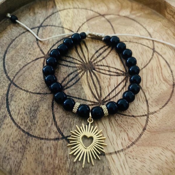Bracelet Pierres Obsidienne 'Coeur sacré' - coulissant