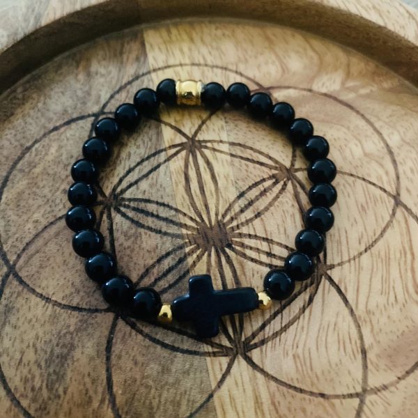 Bracelet Pierres Obsidienne 'Croix' - élastique