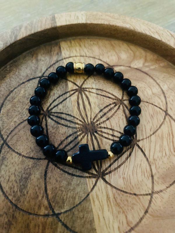 Bracelet Pierres Obsidienne 'Croix' - élastique