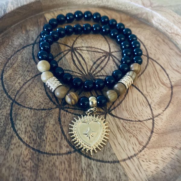 Bracelet Double Pierres Obsidienne - Coeur sacré