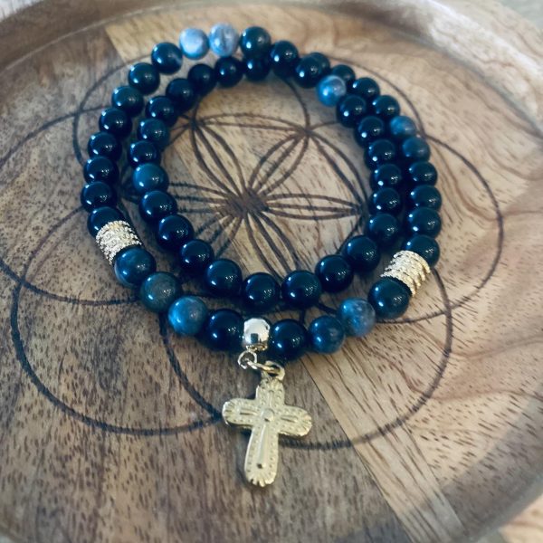 Bracelet Double Pierres Obsidienne - Croix