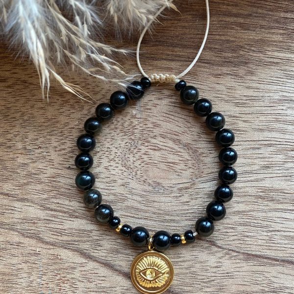 Bracelet Pierres Obsidienne - Oeil de protection - coulissant