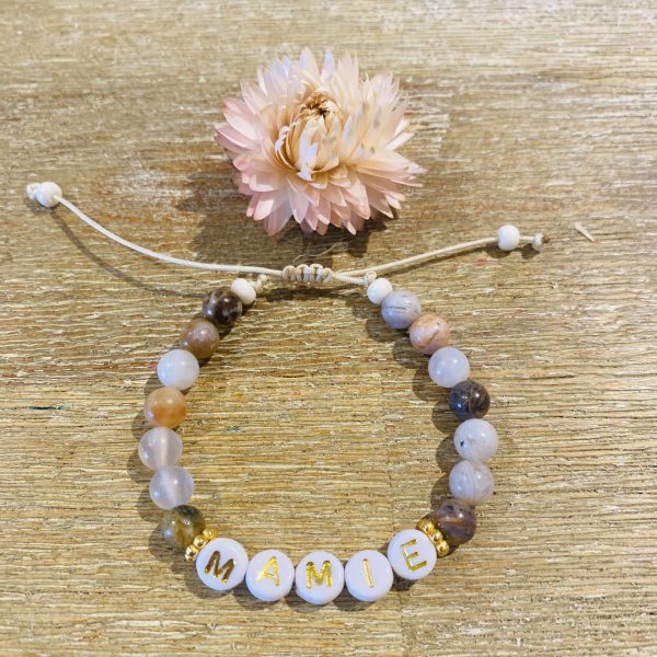 Bracelet Pierres Agate Bambou 'Mamie' - coulissant