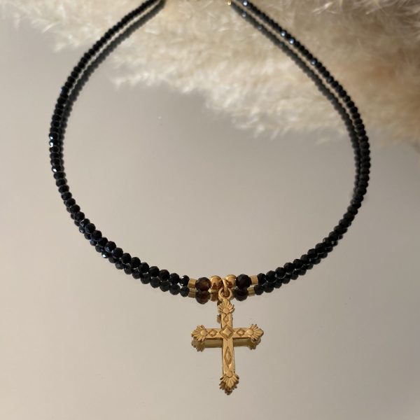 Collier Ras de Cou « Gaia » – Obsidienne & Croix
