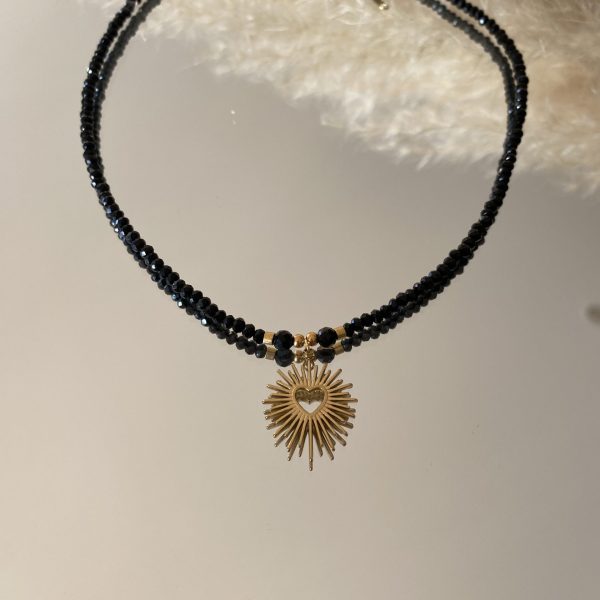 Collier Ras de Cou « Gaia » – Obsidienne & Cœur Sacré