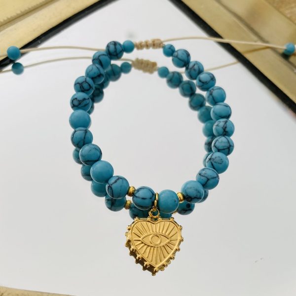 Bracelet Pierres Turquoise 'Coeur' - coulissant