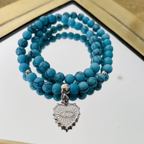 Bracelet Double Pierres Turquoise -  Cœur œil de protection