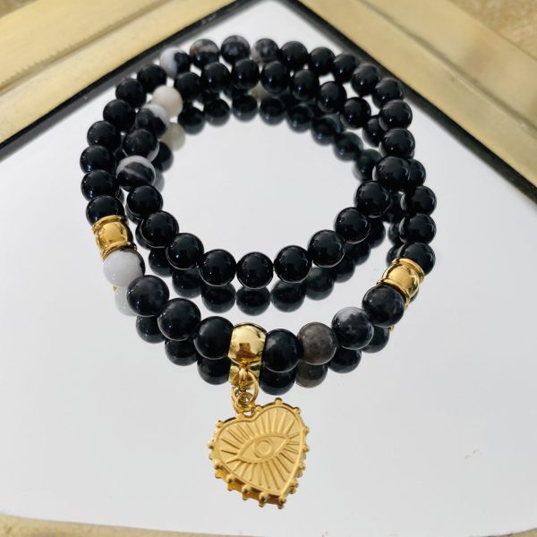 Bracelet Double Pierres Obsidienne - Coeur Oeil Doré