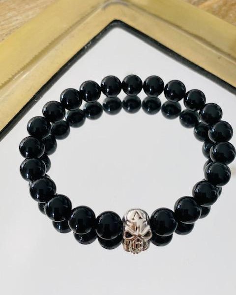 Bracelet Pierres Obsidienne  - Tête de mort - Homme