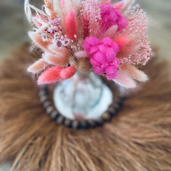 Mini Bouquet de fleurs séchées "Rose flashy" et son vase boule