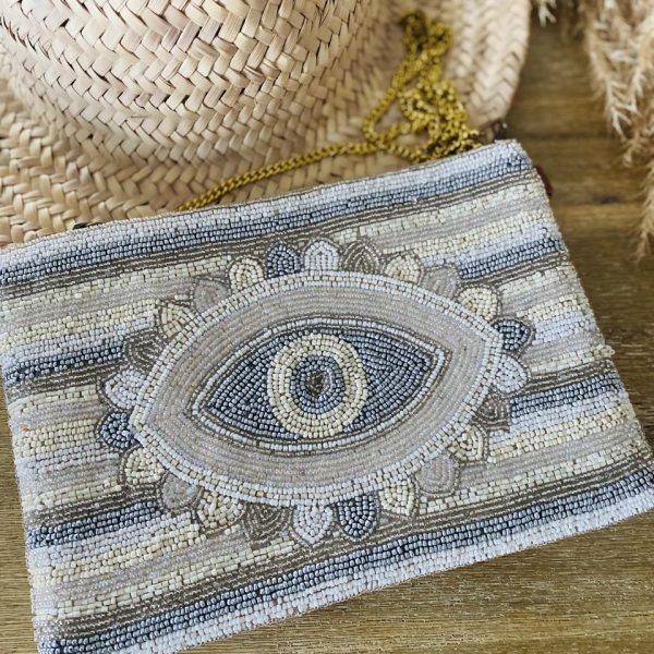 Pochette Bohème perles Oeil - Beige