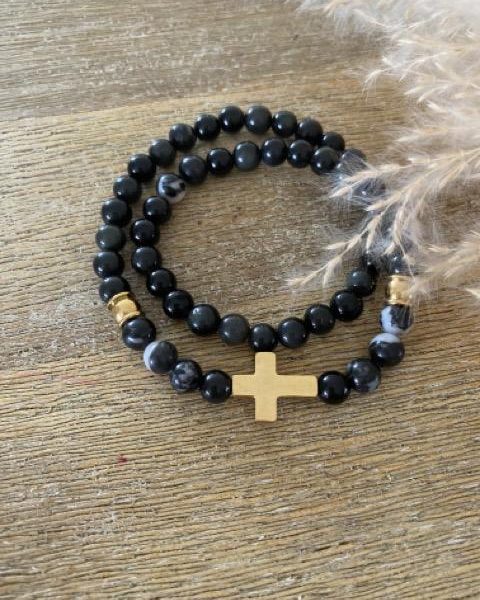 Bracelet Double Pierres Obsidienne - Croix Doré