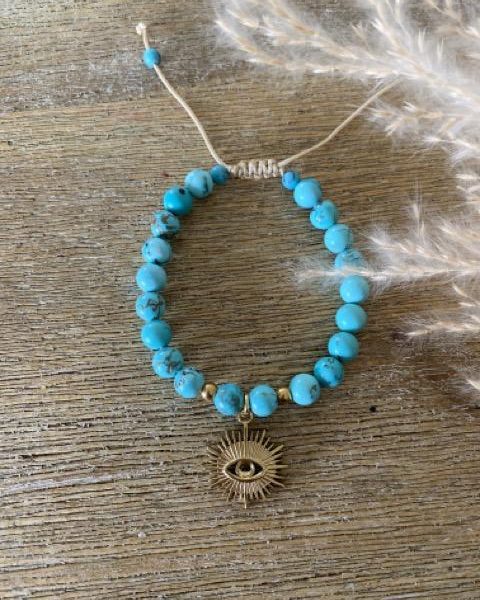 Bracelet Pierres Turquoise 'Oeil protection' - coulissant