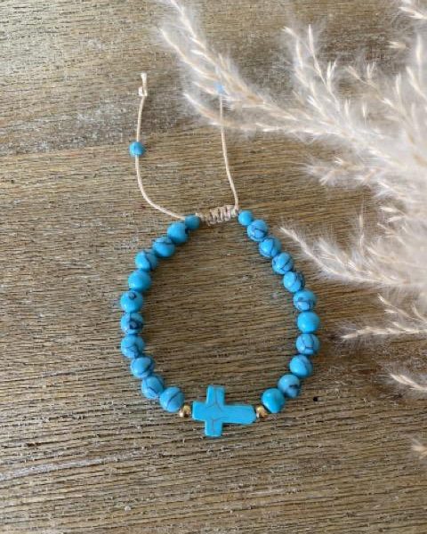 Bracelet Pierres Turquoise 'Croix' - coulissant