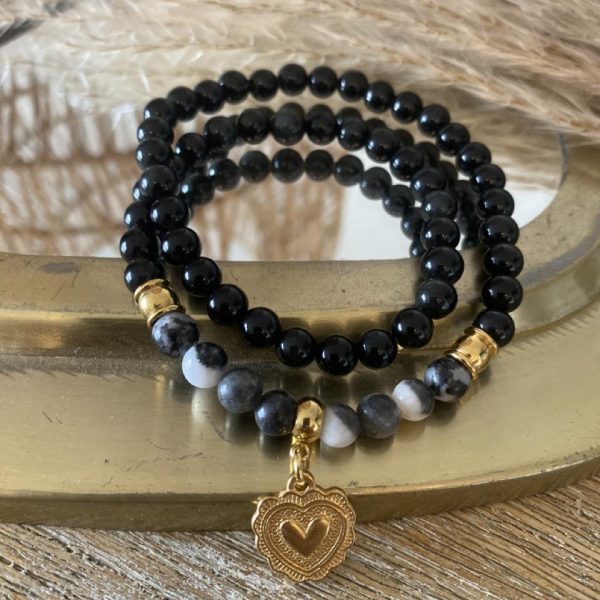 Bracelet Double Pierres Obsidienne - Coeur