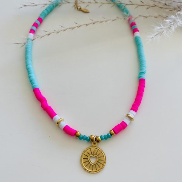 Collier Ras de Cou « Raya » – Perles Heishi Vert & Rose