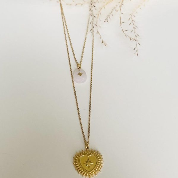 Collier Acier Inox double 'Coeur Sacré' - Pierre Quartz