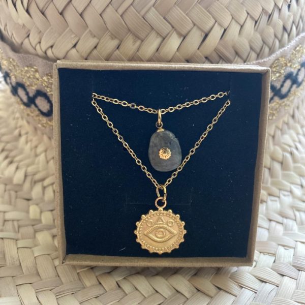 Collier Acier Inox double 'Oeil protecteur' - Pierre Labradorite