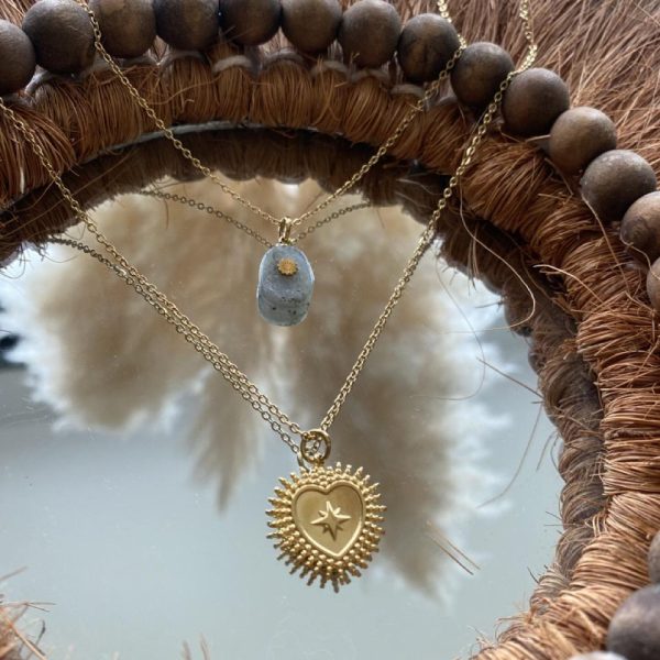 Collier Acier Inox double 'Coeur Sacré' -  Pierre Labradorite
