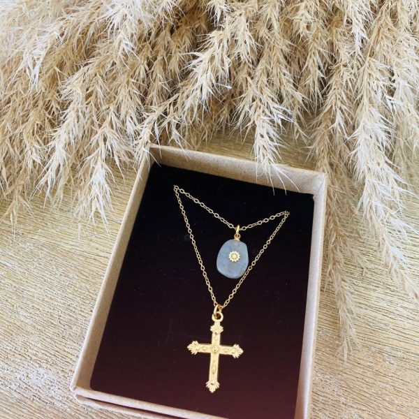 Collier Acier Inox double 'Croix' - Pierre Labradorite