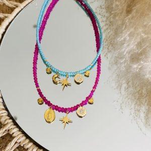 Collier ras de cou 'Grigri' en pierres à facettes Rose