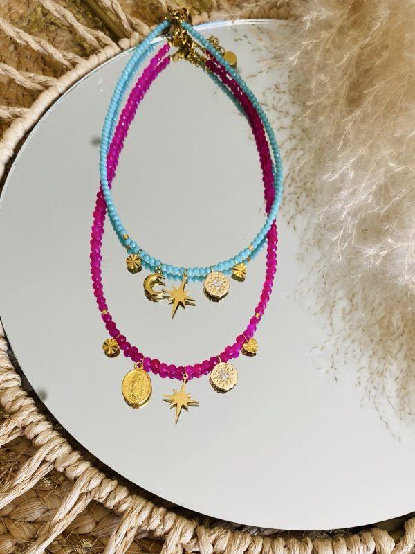 Collier ras de cou 'Grigri' en pierres à facettes Rose
