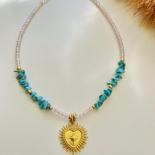 Collier Ras de Cou « Céleste » – Turquoise & Coeur sacré