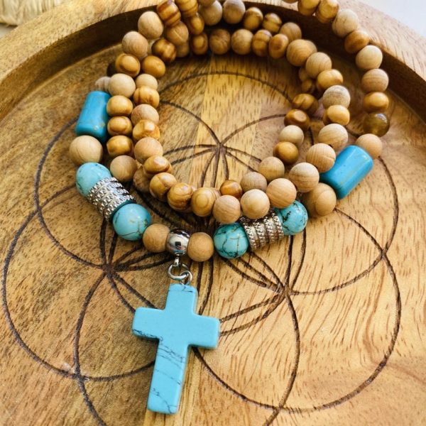 Bracelet Triple en bois et Croix Turquoise