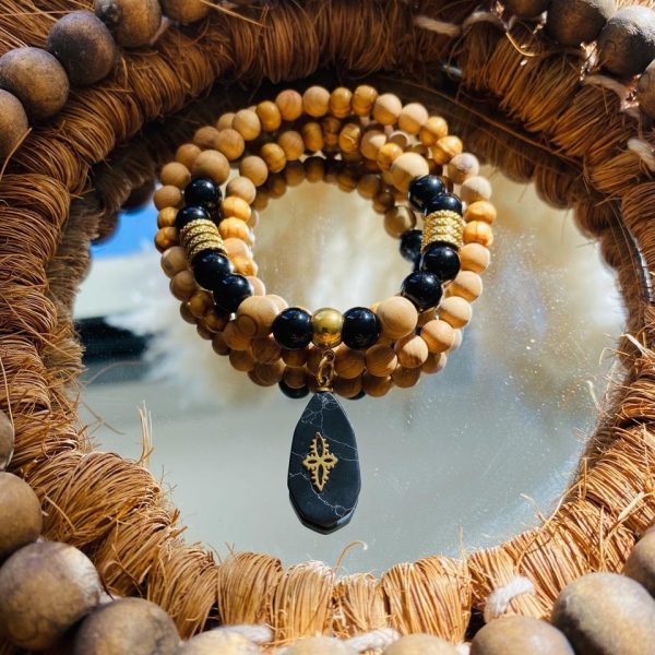 Bracelet Triple en bois et pierres Obsidienne