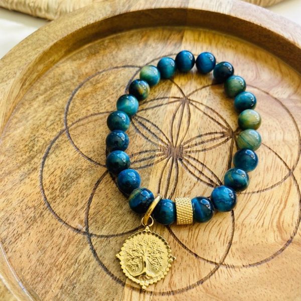 Bracelet Boho Pierre Oeil du tigre bleu - Arbre de vie