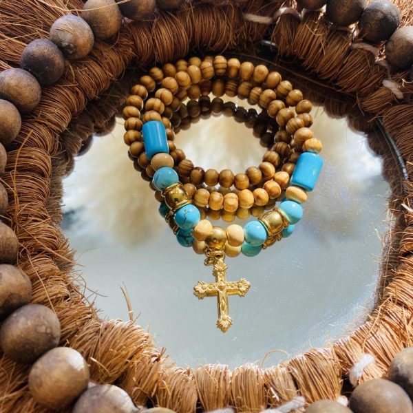 Bracelet Triple en bois et Croix doré