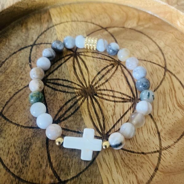 Bracelet Pierres Agate Bambou 'Croix' - élastique