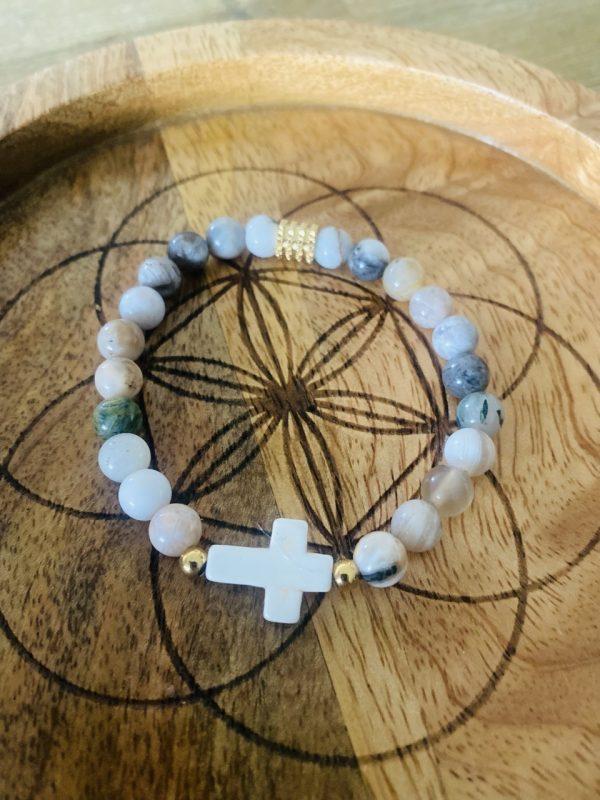 Bracelet Pierres Agate Bambou 'Croix' - élastique