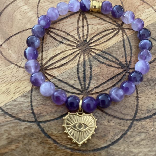 Bracelet Pierres Améthyste 'Coeur' - élastique