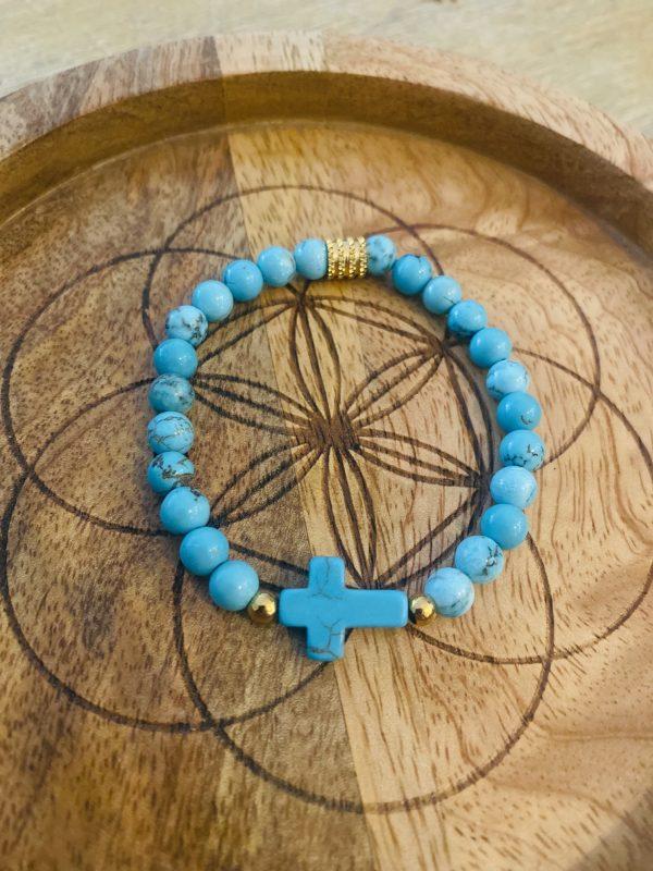 Bracelet Pierres Turquoise 'Croix' - élastique – Image 3