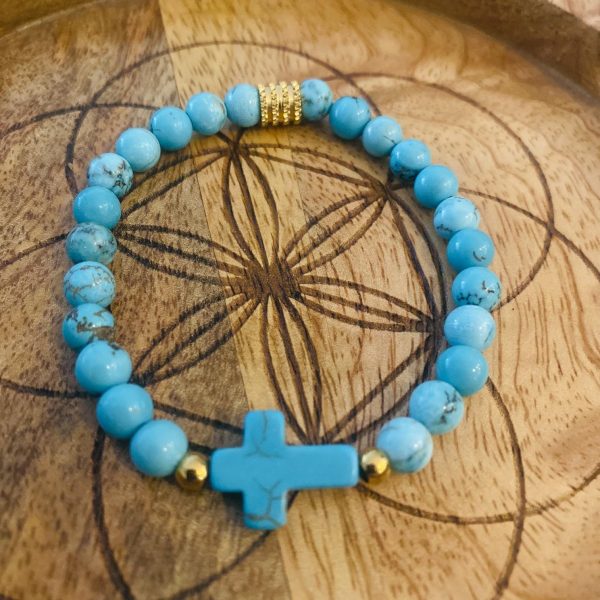 Bracelet Pierres Turquoise 'Croix' - élastique