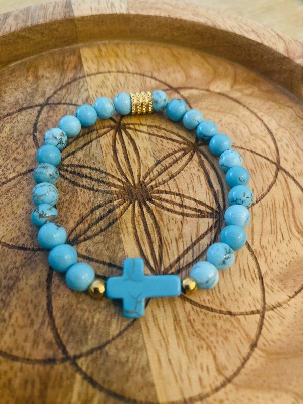 Bracelet Pierres Turquoise 'Croix' - élastique