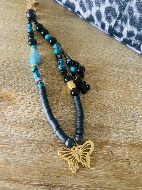 Porte-clés Boho Noir et Turquoise - Papillon