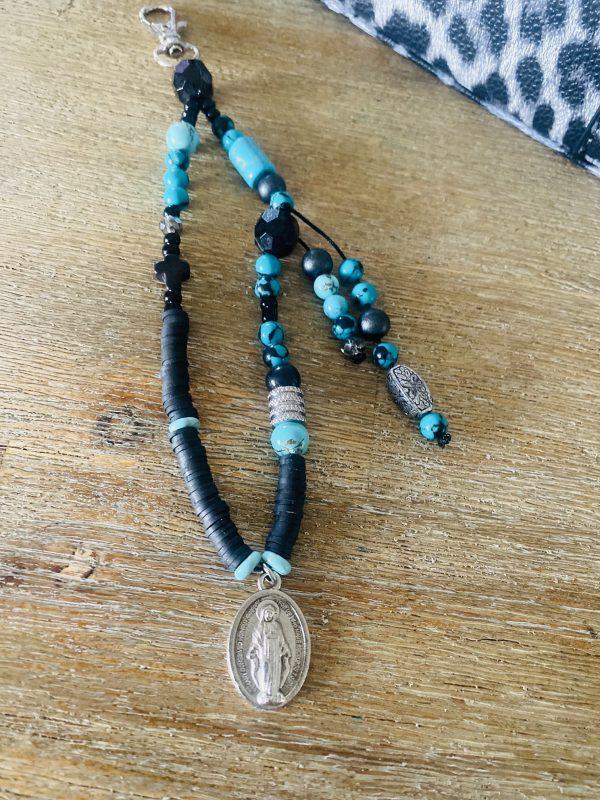 Porte-clés Boho Noir et Turquoise - Vierge