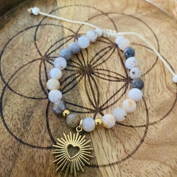 Bracelet Pierres Agate Bambou 'Coeur sacré' - coulissant