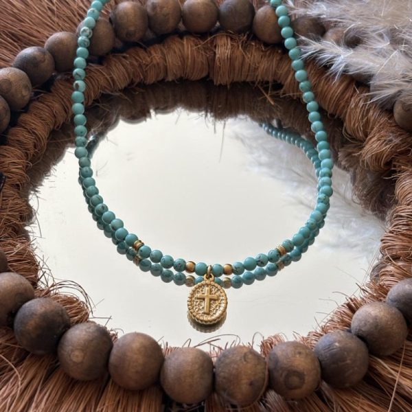 Collier Ras de Cou « Luna » – Turquoise & Croix